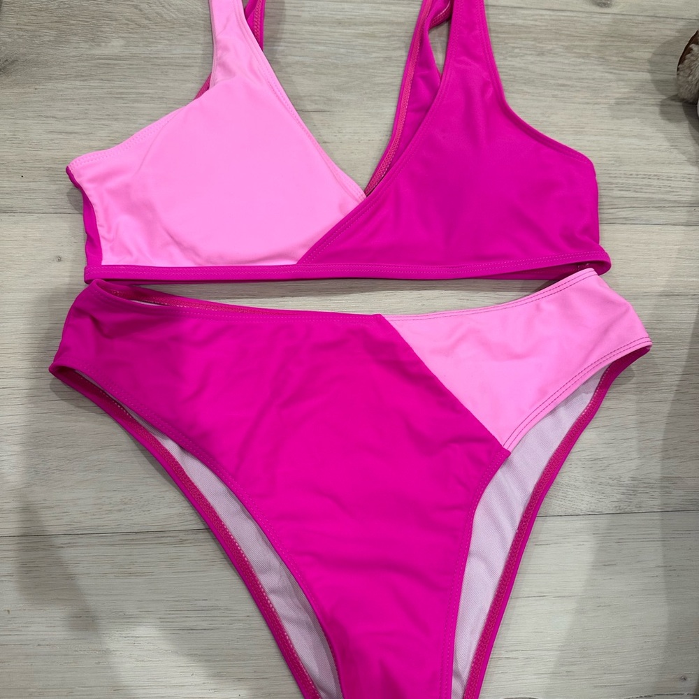 SHEIN Hot Pink and Light Pink Colorblock Bikini Set